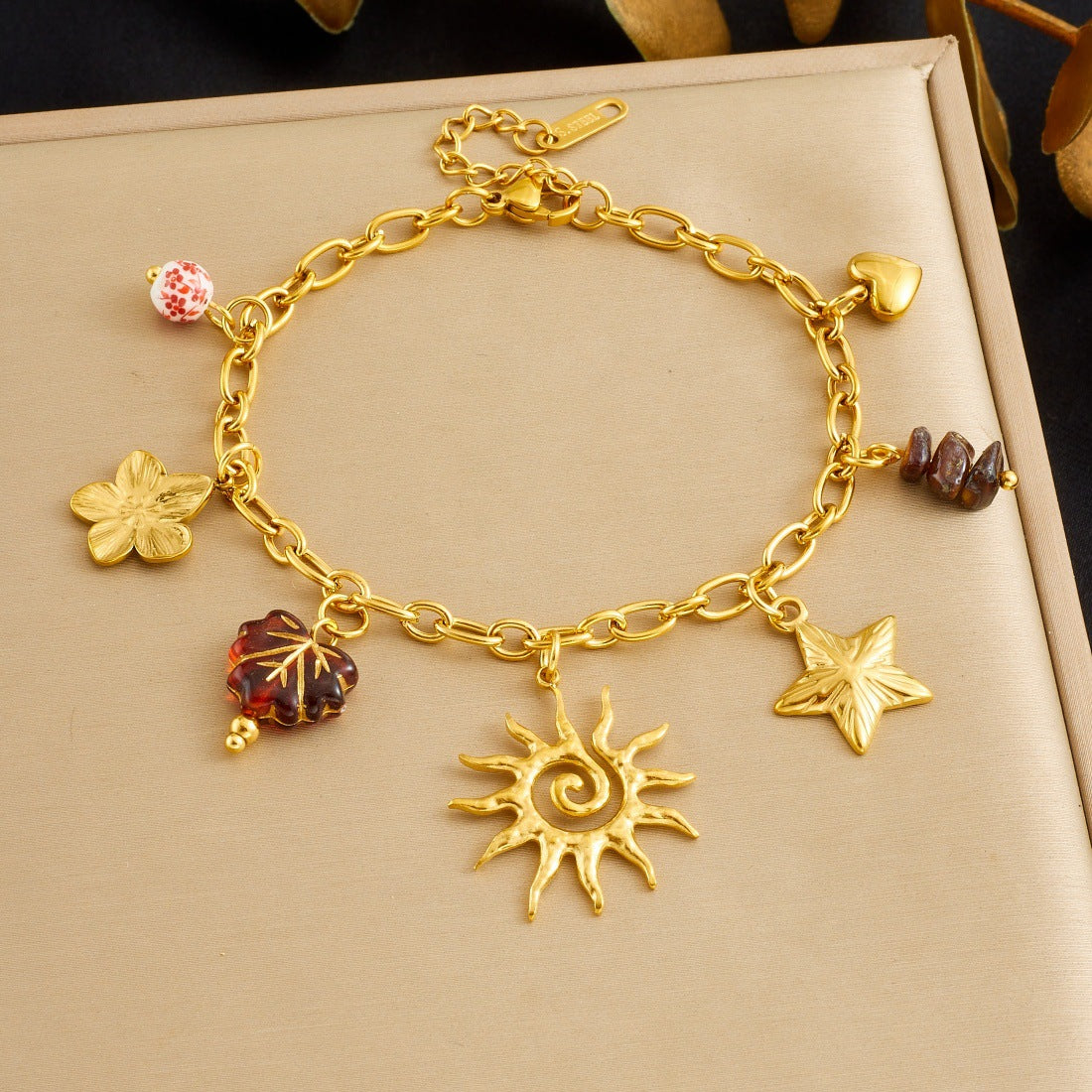 Vintage Gold Plated Stainless Steel Star Flower Leaf Pendant Necklace and Bracelet Set with Cable Chain