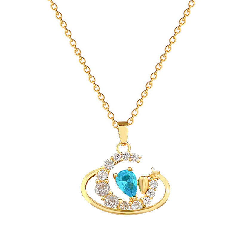 Sweet Minimalist Moon Geometric Cubic Zirconia Titanium Steel Necklace for Unisex
