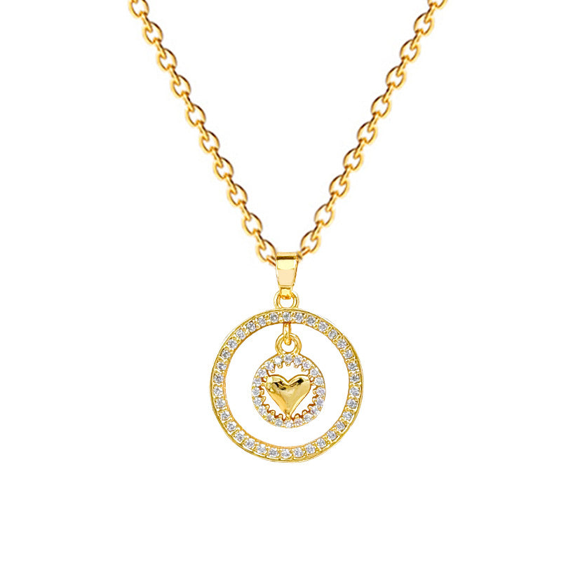 Collana con pendente a cuore circolare a doppio strato minimalista da donna in acciaio inossidabile con intarsio di strass, elegante catena per clavicola