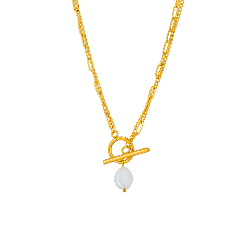 Minimalist Vintage Baroque Irregular Geometric Titanium Steel Plated Punk Necklace with Double Layer Chain