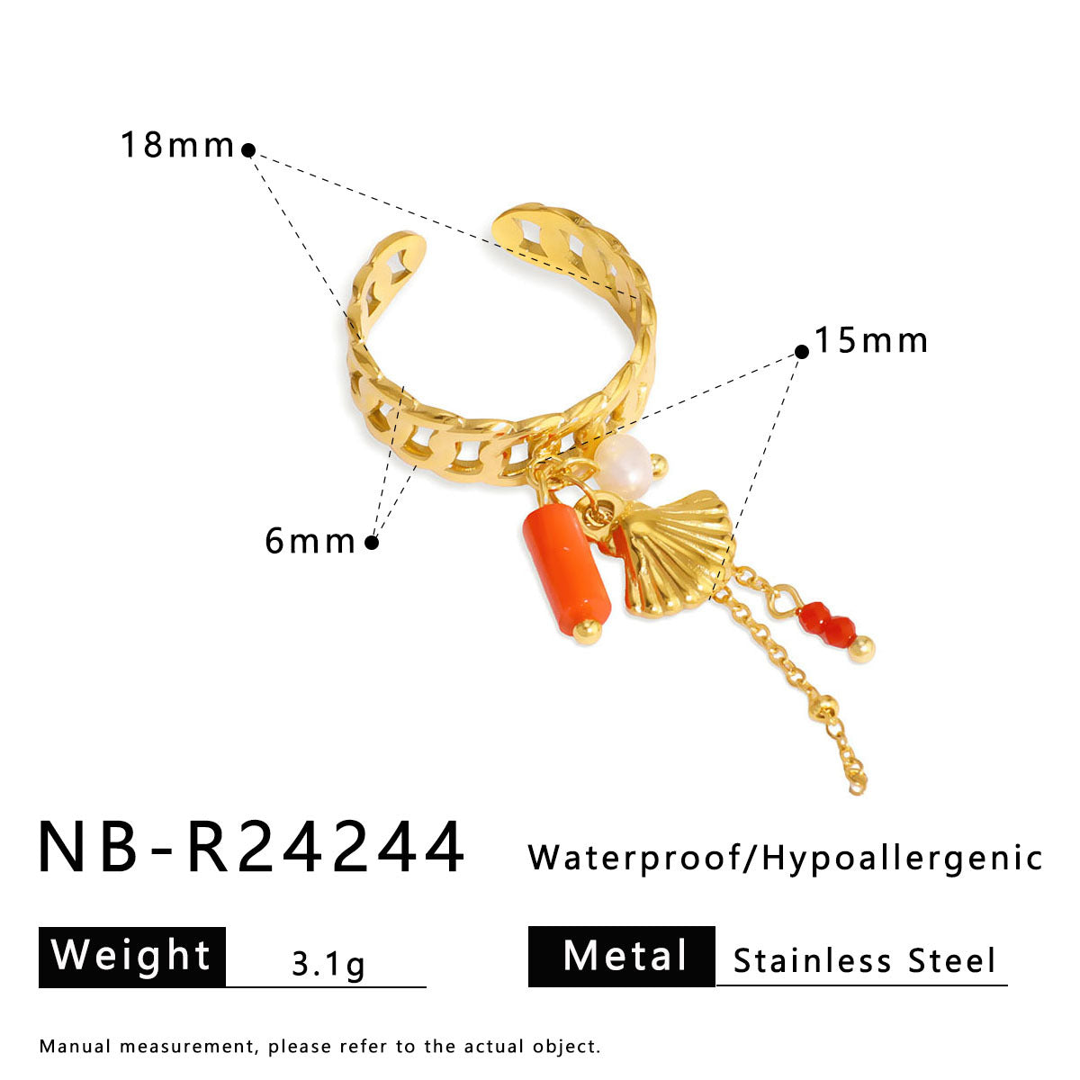 Anello Ins Style geometrico in acciaio inossidabile con placcatura in oro 18 carati, inserti in pietra naturale e conchiglia, fascia regolabile a nappa