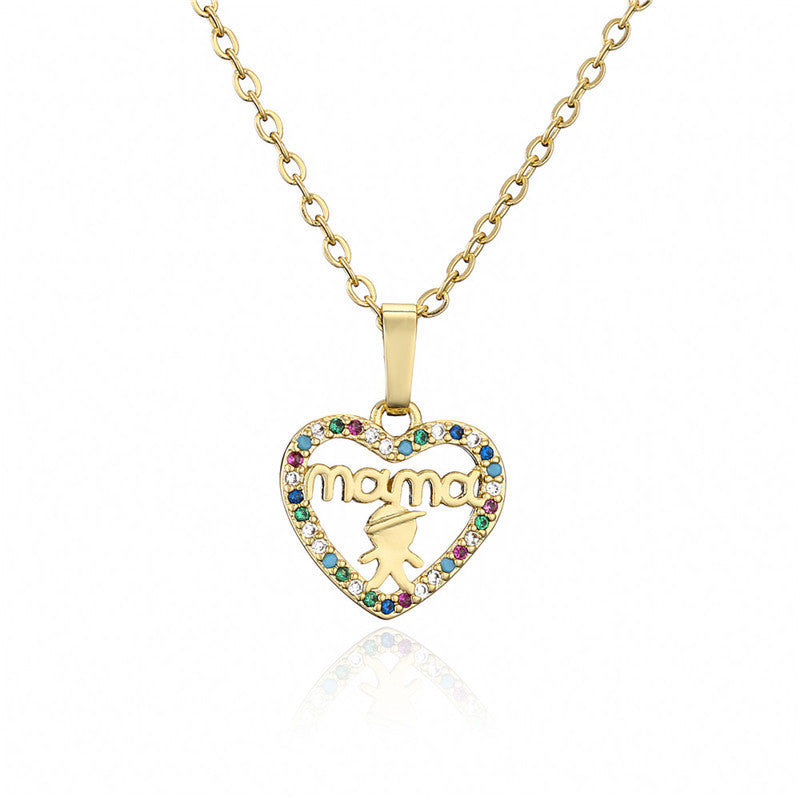 Heart Letter MAMA Pendant Necklace Brass Micro-Inlaid Cubic Zirconia Cable Chain