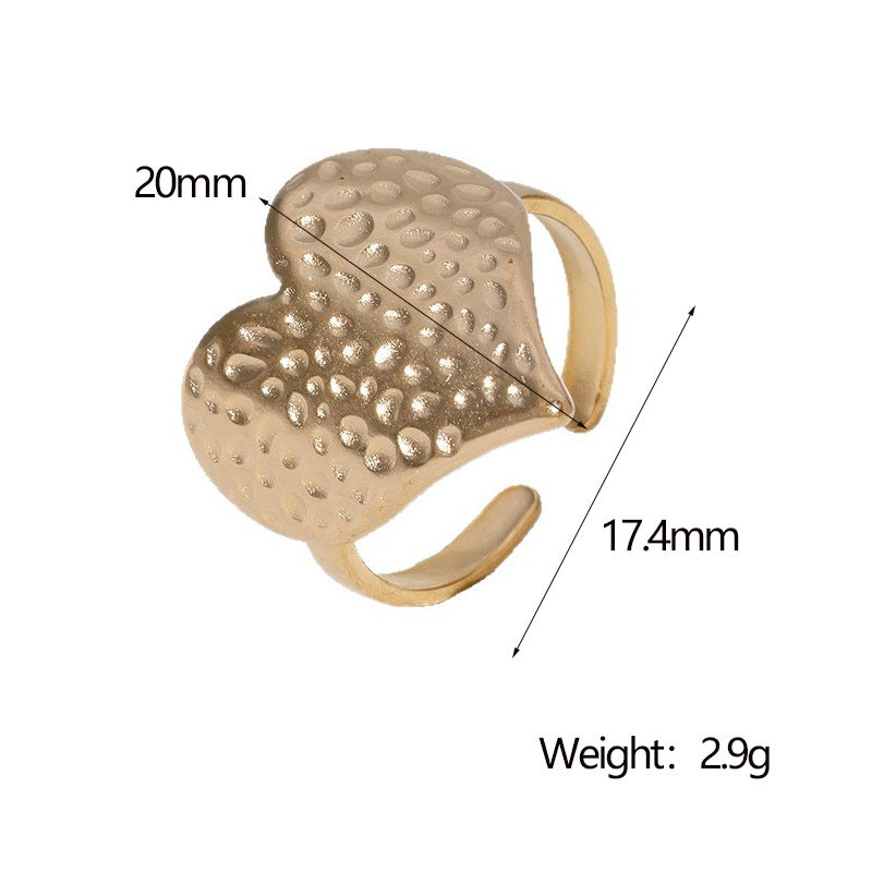 Anello Regolabile da Donna in Acciaio Inossidabile con Texture Martellata Minimalista a Forma di Cuore, Accessorio di Moda Resistente allo Sbiadimento
