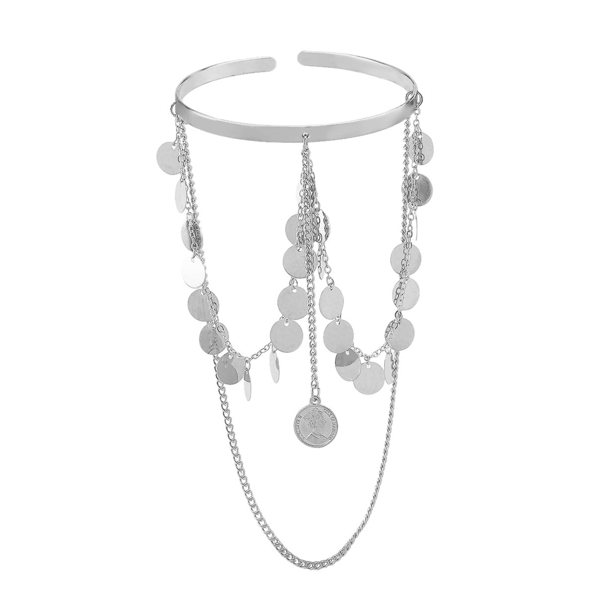 Pulsera de puño de metal estilo vintage con detalle de cadena y flecos para mujer