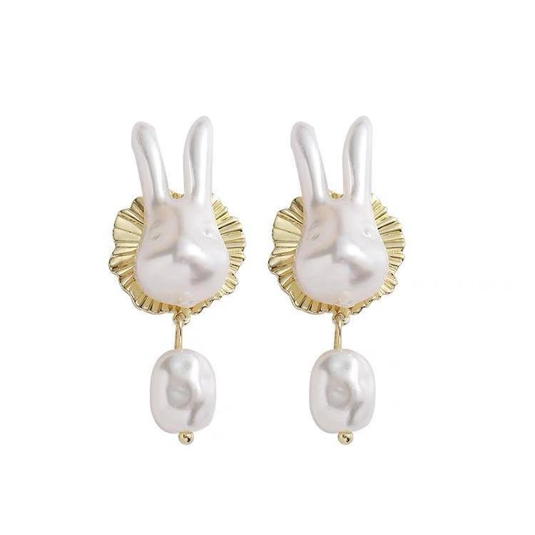 Orecchini a Perno a Forma di Coniglio Carino con Perle per Donne Stile Fresco e Dolce di Ispirazione Barocca con Perni in Argento Sterling S925 e Finitura Galvanizzata