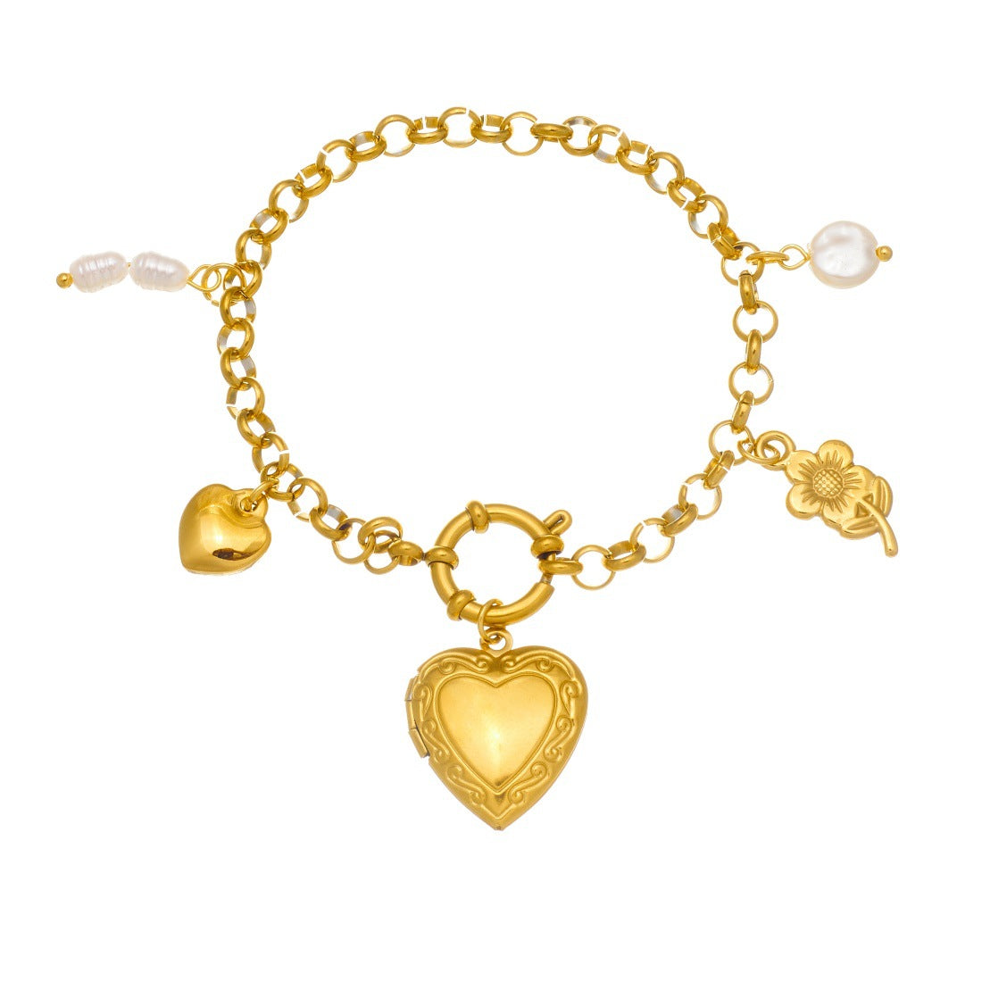 Gold Plated Heart and Round Floral Pearl Bracelet for Women