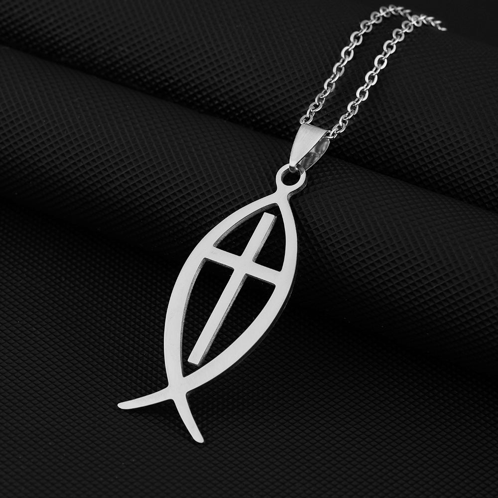 Collana con Pendente a Croce a Forma di Pesce Intagliato alla Moda in Acciaio Inossidabile con Finitura Placcata, Unisex