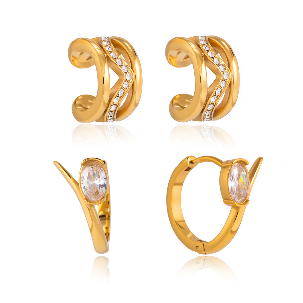 Orecchini a clip a C in acciaio inossidabile placcato con zirconia cubica, design geometrico elegante e minimalista da donna