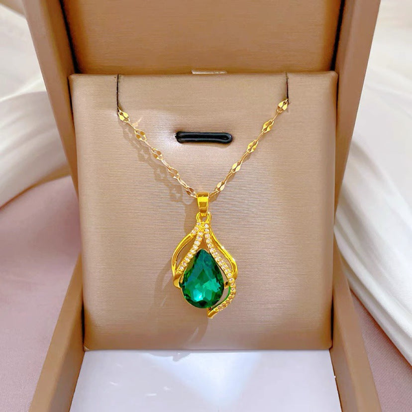 Collana con Ciondolo a Goccia in Cristallo Verde Smeraldo Vintage in Acciaio al Titanio con Finitura Placcata per Donna, Catena Clavicola Minimalista