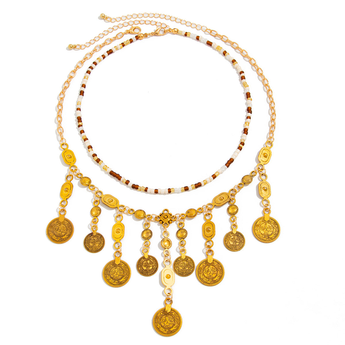 Collana con ciondolo geometrico in stile bohémien da donna con ciondolo a moneta in lega, nappina con perline e finitura placcata