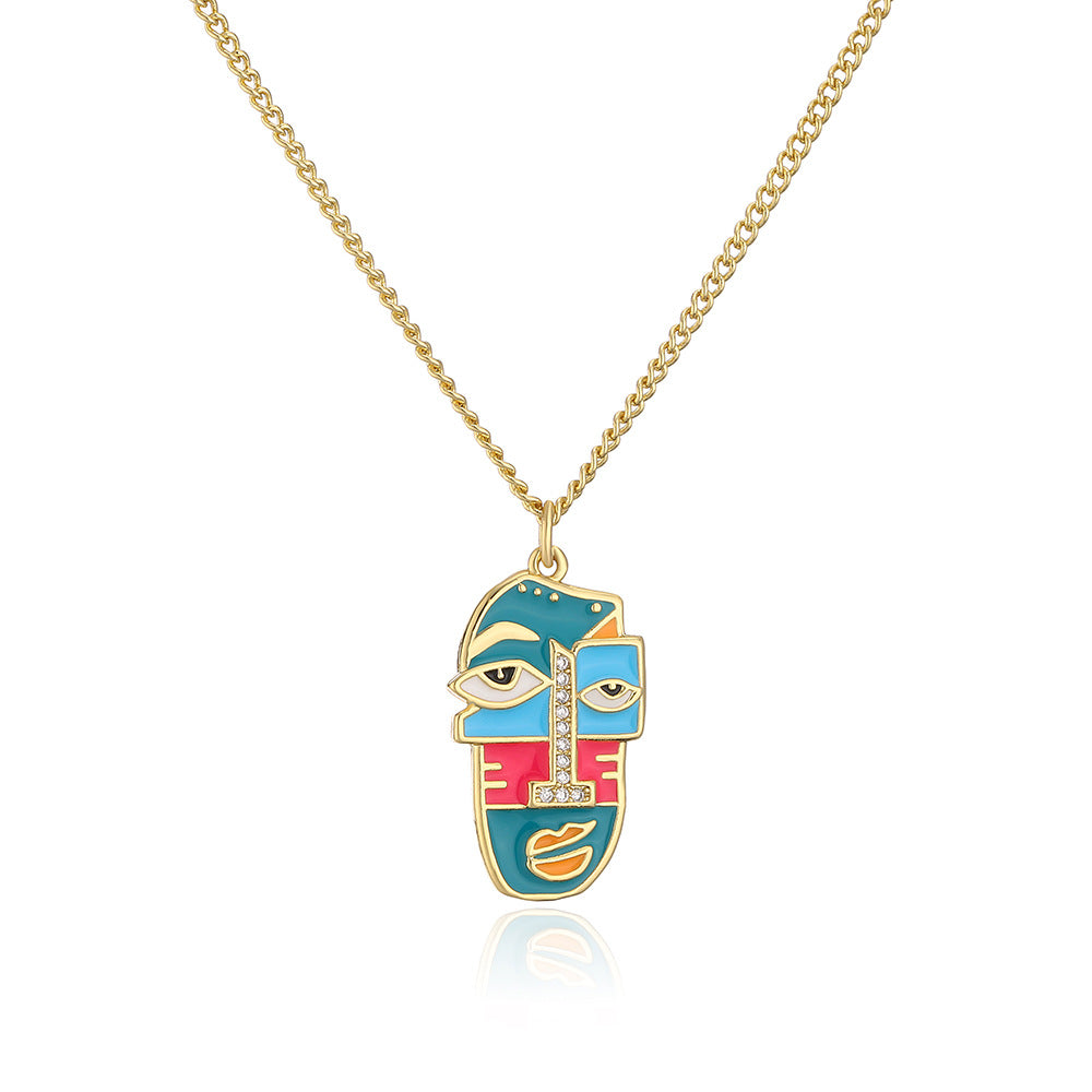 Abstract Face Pendant Necklace for Women in Copper with 18K Gold Plating Rhinestone Inlay and Enamel Finish