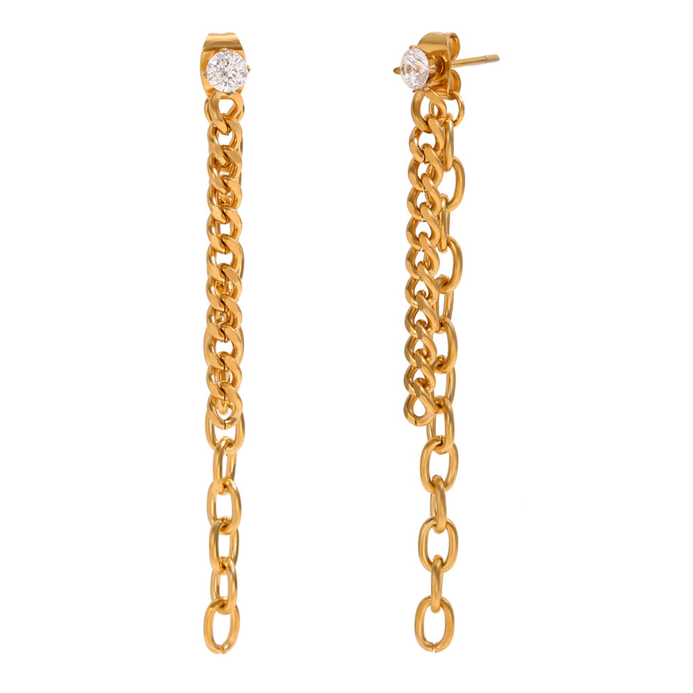 Minimalist Geometric Stainless Steel Earrings with 18K Gold Plating and Zircon Accents for Women