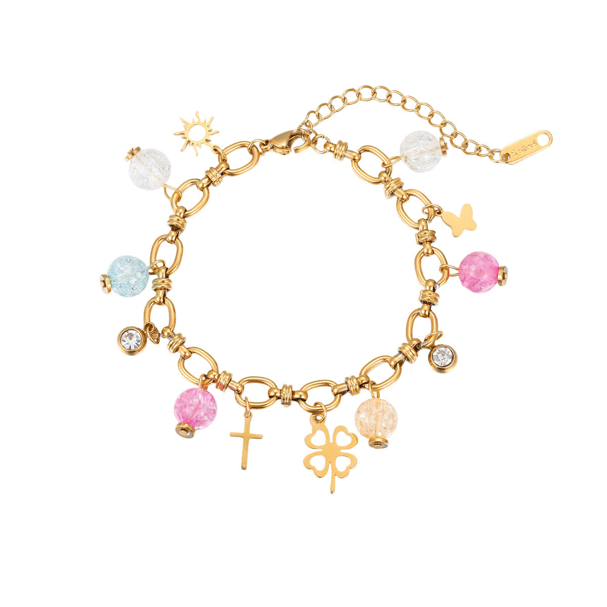 Bracciale con ciondolo geometrico a croce e trifoglio in acciaio inossidabile placcato, stile OL alla moda