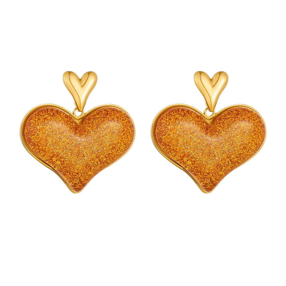 Exaggerated Streetwear Gold Plated Stainless Steel Heart Earrings with Brown Glitter