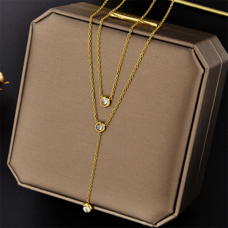 Double Layer Tassel Titanium Steel Necklace for Women Sweater Chain Layering Geometric Pendant