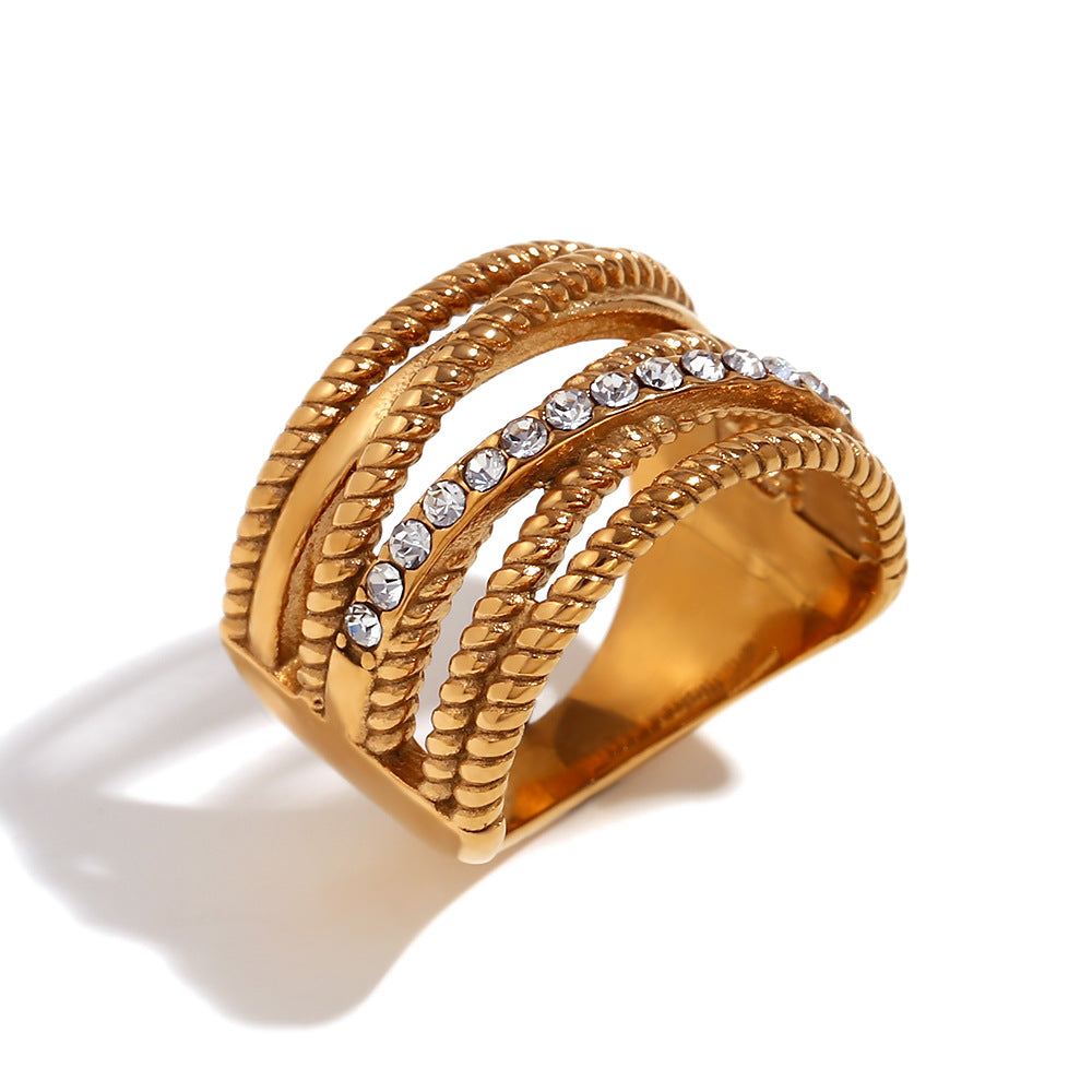 Minimalist Geometric Stainless Steel Ring with 18K Gold Plating, Interwoven Hollow Design and Rhinestone Accents for Women