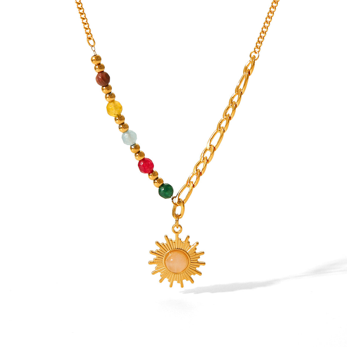 Collana con Pendente Geometrico in Acciaio Inossidabile Placcato Oro 18K con Pietra Occhio di Gatto Solare, Stile Francese Vintage, da Donna
