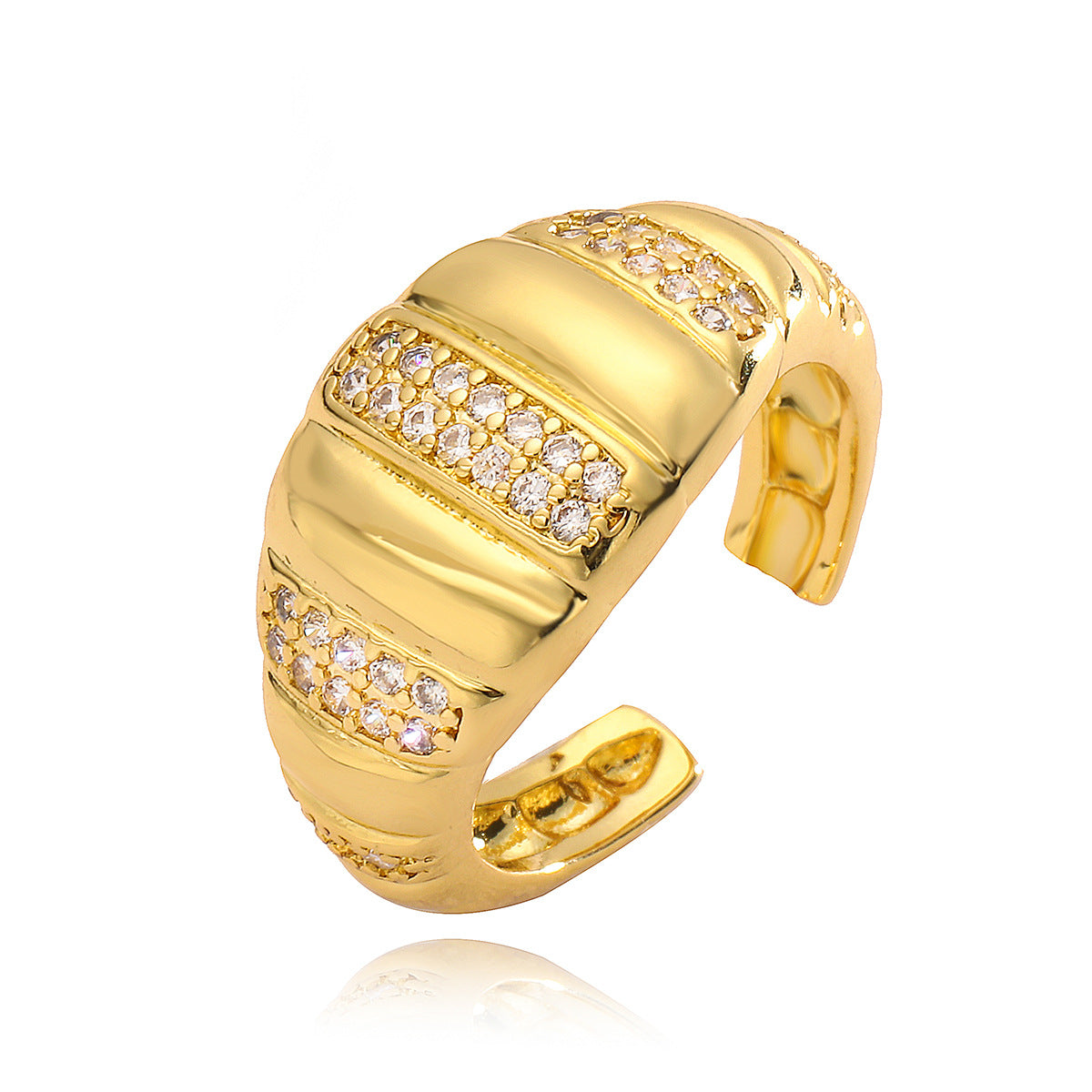 Anello aperto geometrico minimalista da donna in rame con placcatura in oro 18 carati e intarsi in zircone
