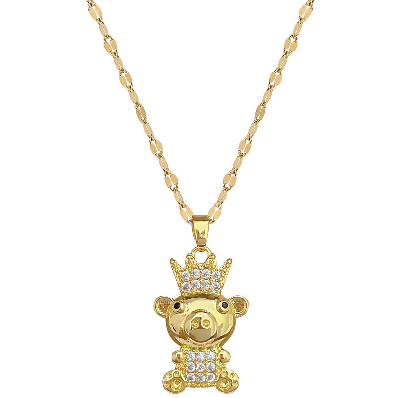 Minimalist Crown Bear Pendant Necklace in Titanium Steel with Rhinestone Accents for Women and Men