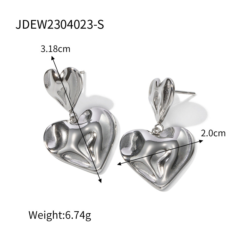 Trendy Ins Style 18K Plated Hammered Heart Pendant Earrings for Women