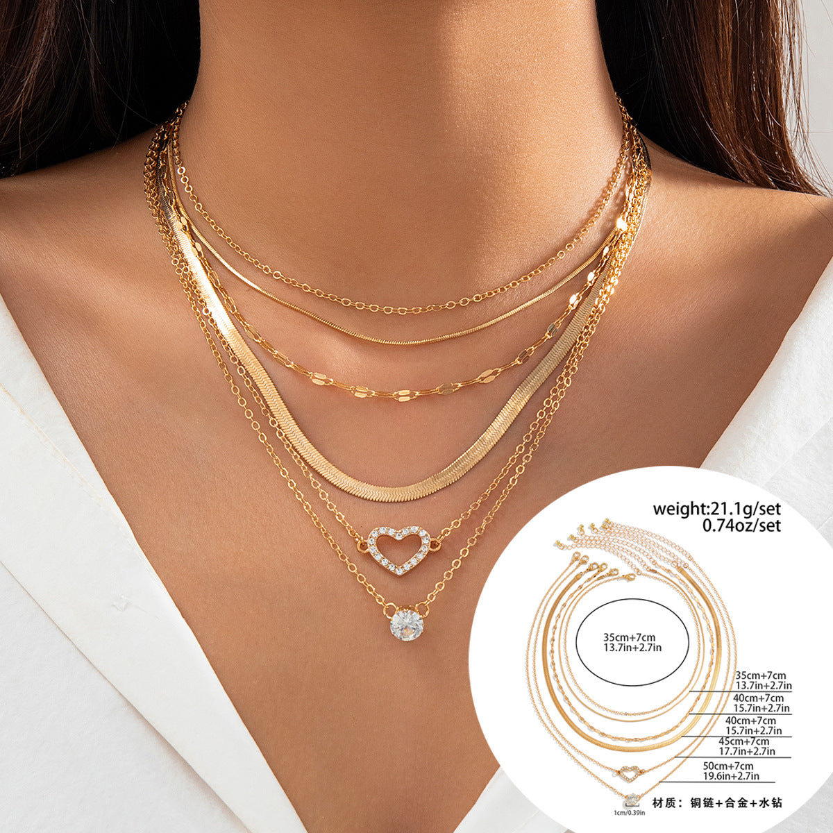Collana Minimalista a Cuore in Rame con Intarsio di Strass e Catena Snake per Donna