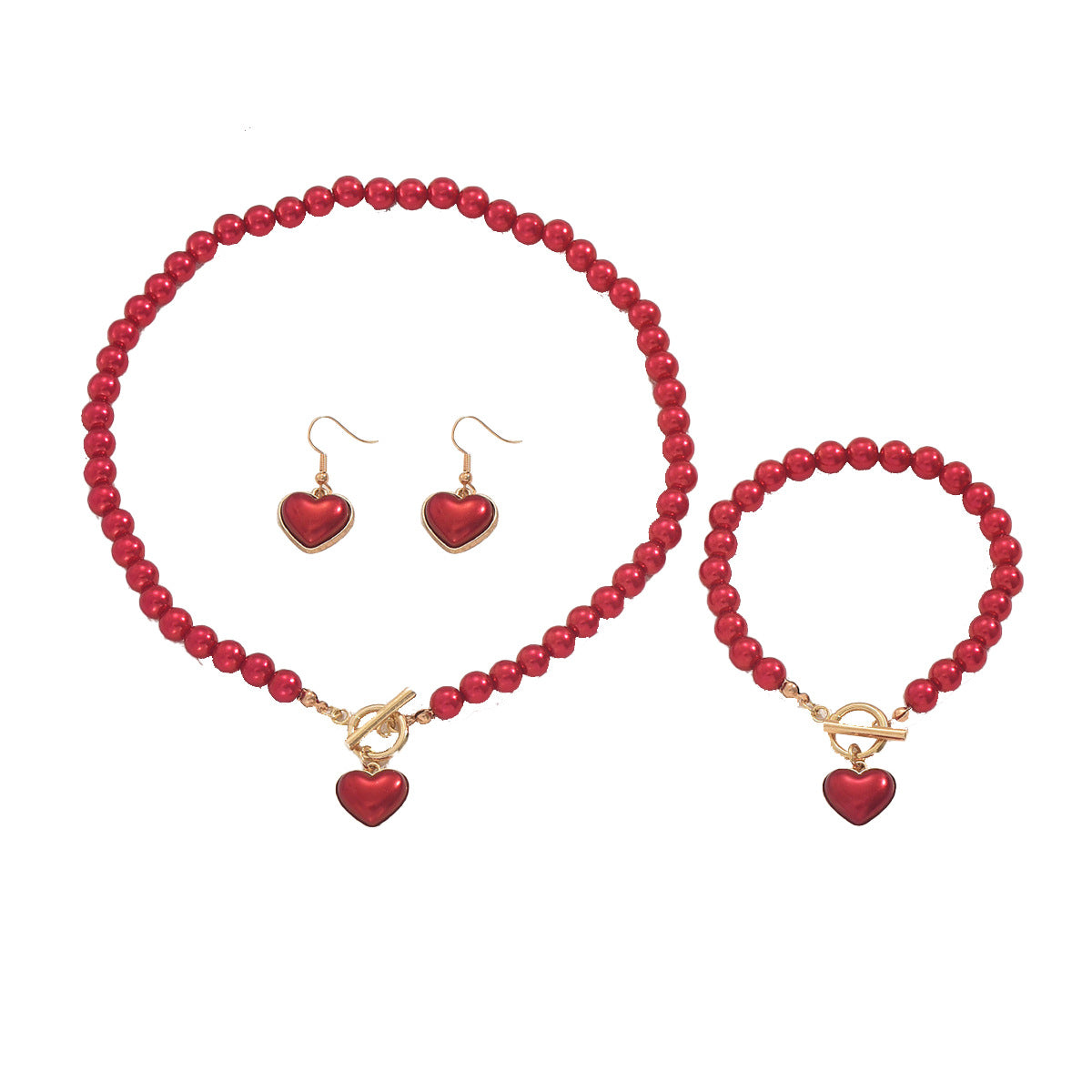 Conjunto de collar, pendientes y pulsera de aleación con perlas de corazón geométrico para mujer