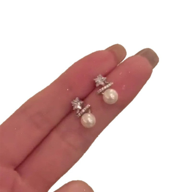 Eleganti Orecchini Francesi Vintage a Stella con Perle Simulate e Zirconi, con Perni in Acciaio Placcato per Donna