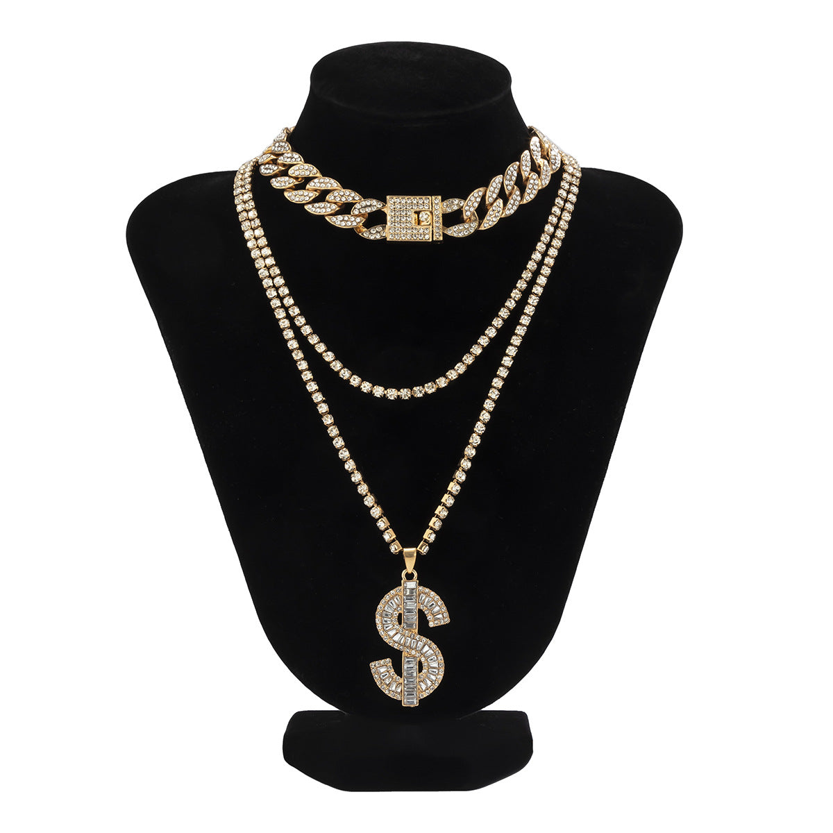 Vintage Geometric Cuban Link Necklace with Rhinestone Inlay for Women Adjustable Layering Set