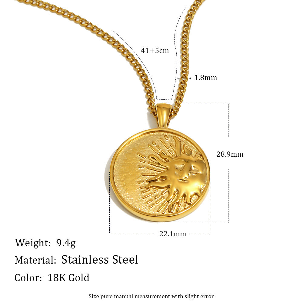 Luxury Geometric Stainless Steel Sun Coin Pendant Necklace with 18K Gold Plating for Women
