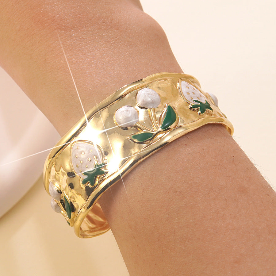 Drip Oil Stainless Steel Cherry Strawberry Open Cuff Bracelet