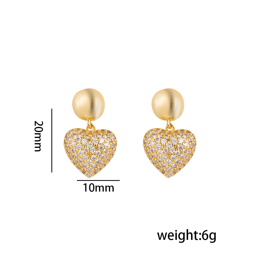 Minimalist Modern Heart-Shaped Copper Earrings with Zircon Inlay for Women