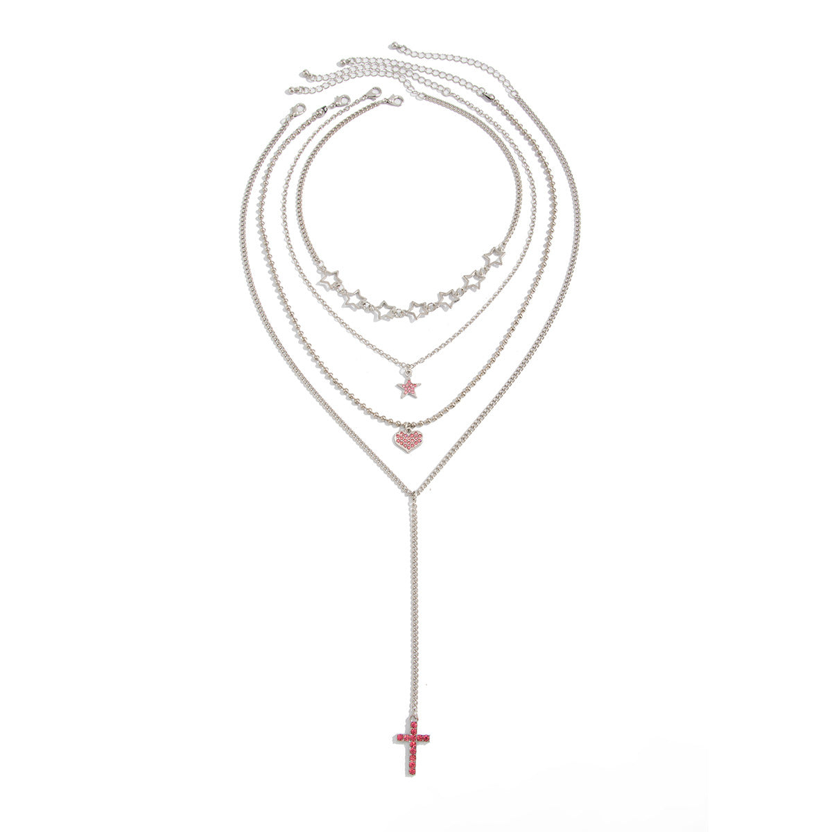 Sweet Hip-hop Rhinestone Inlaid Heart Star Zinc Alloy Pendant Plated Iron Necklace for Women Layered Cable Chain