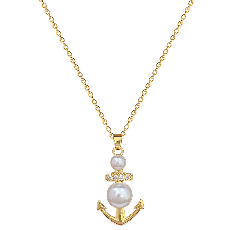Minimalist Anchor Pendant Necklace in Titanium Steel with Pearl Accents for Women and Men