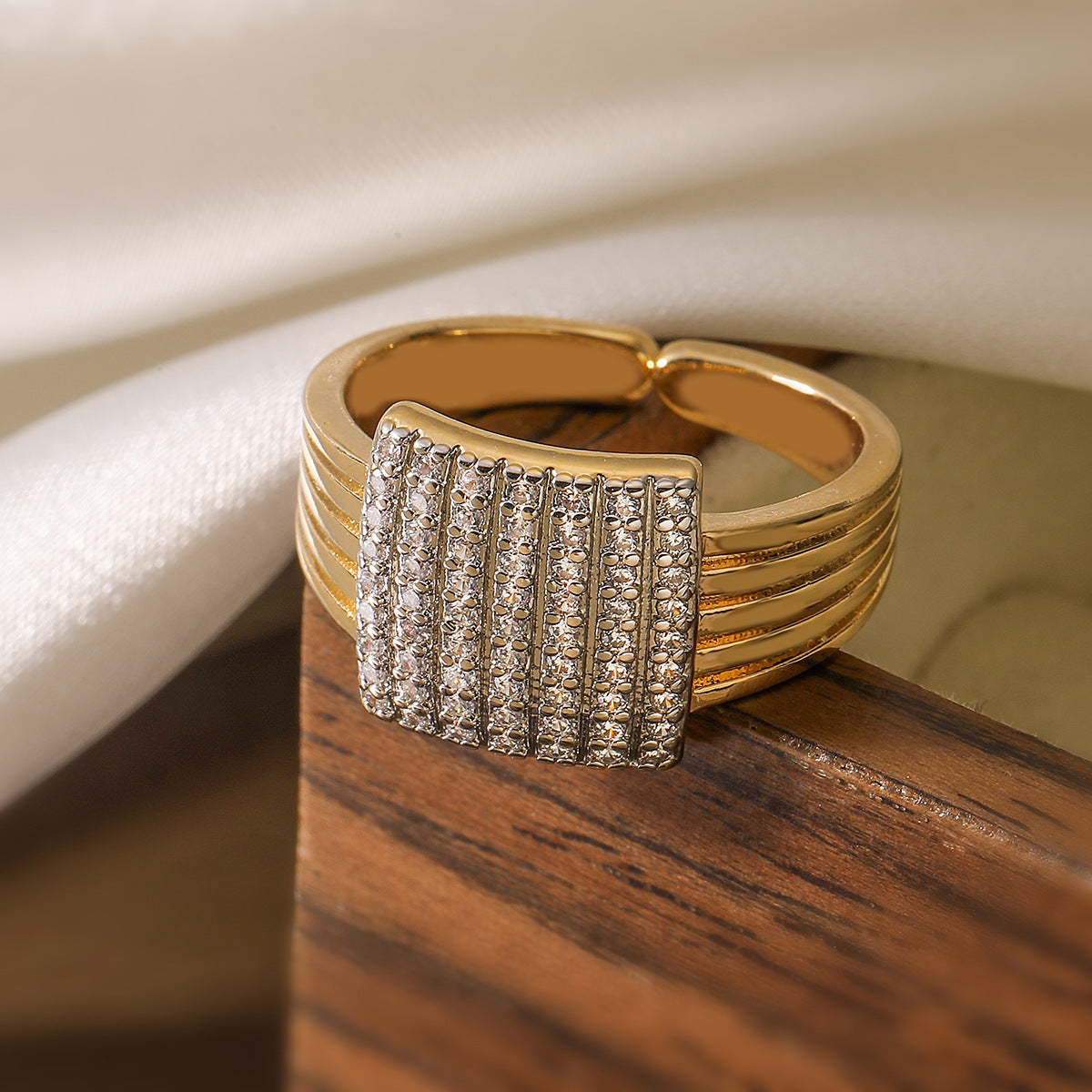Minimalist Geometric Open Ring for Women in Brass with Micro-Paved Zirconia, Vintage-Inspired Fashion Accessory