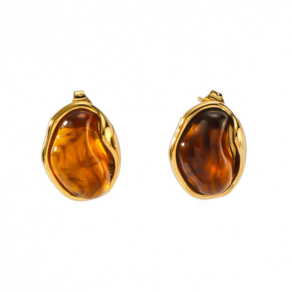 Minimalist Asymmetrical Round Resin Stud Earrings in Stainless Steel with 18K Gold Plating for Women