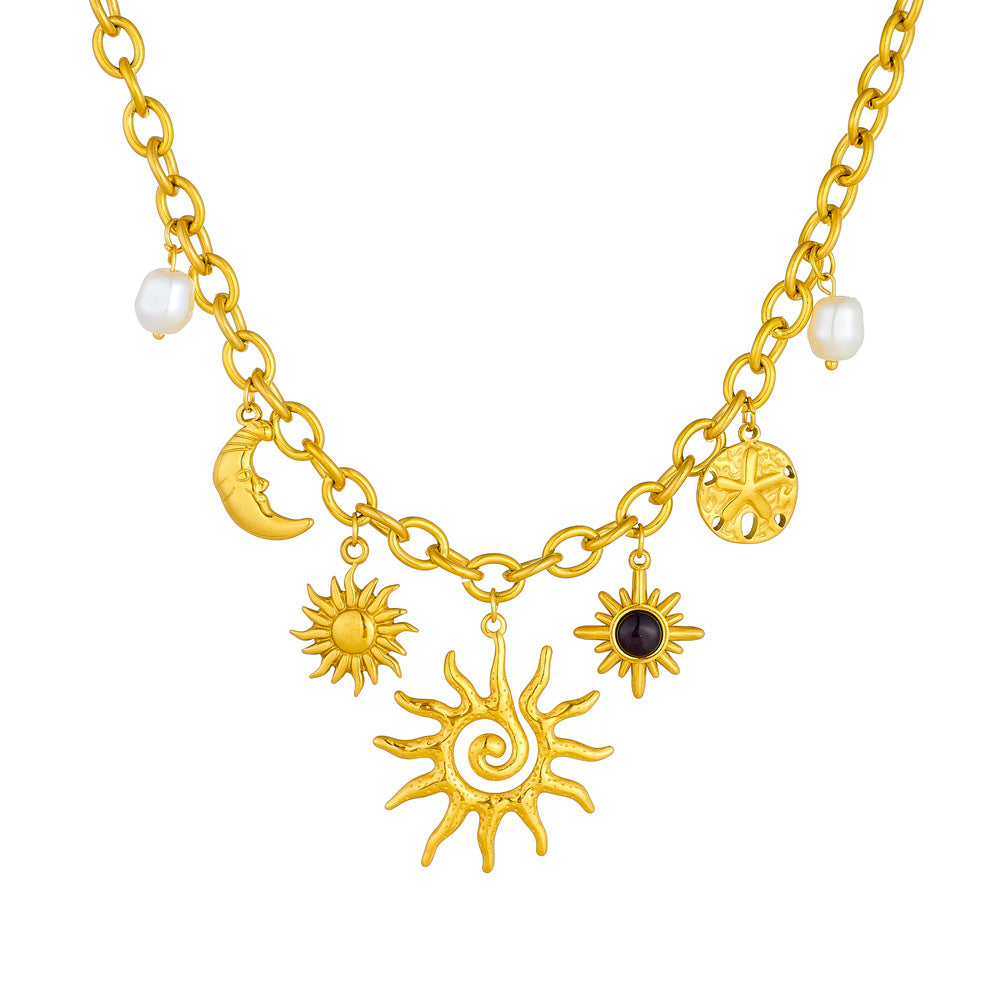 Fashionable Minimalist Sun and Moon Pendant Necklace in Gold-Plated Stainless Steel with Star Shape and O-Chain for Women