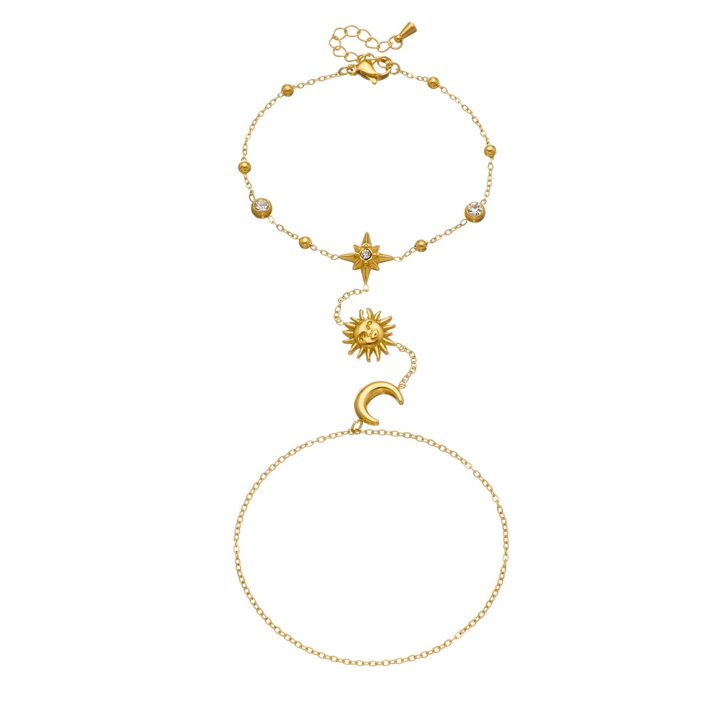 Minimalist Gold Plated Stainless Steel Star Moon Hand Chain Bracelet for Women