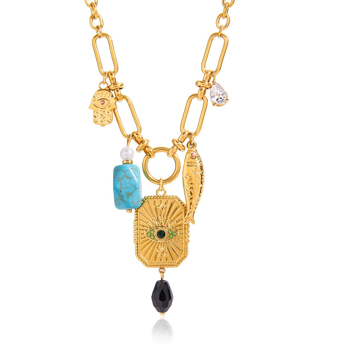 Collana con ciondolo a occhio di Allah geometrico in acciaio al titanio con finitura placcata per donna