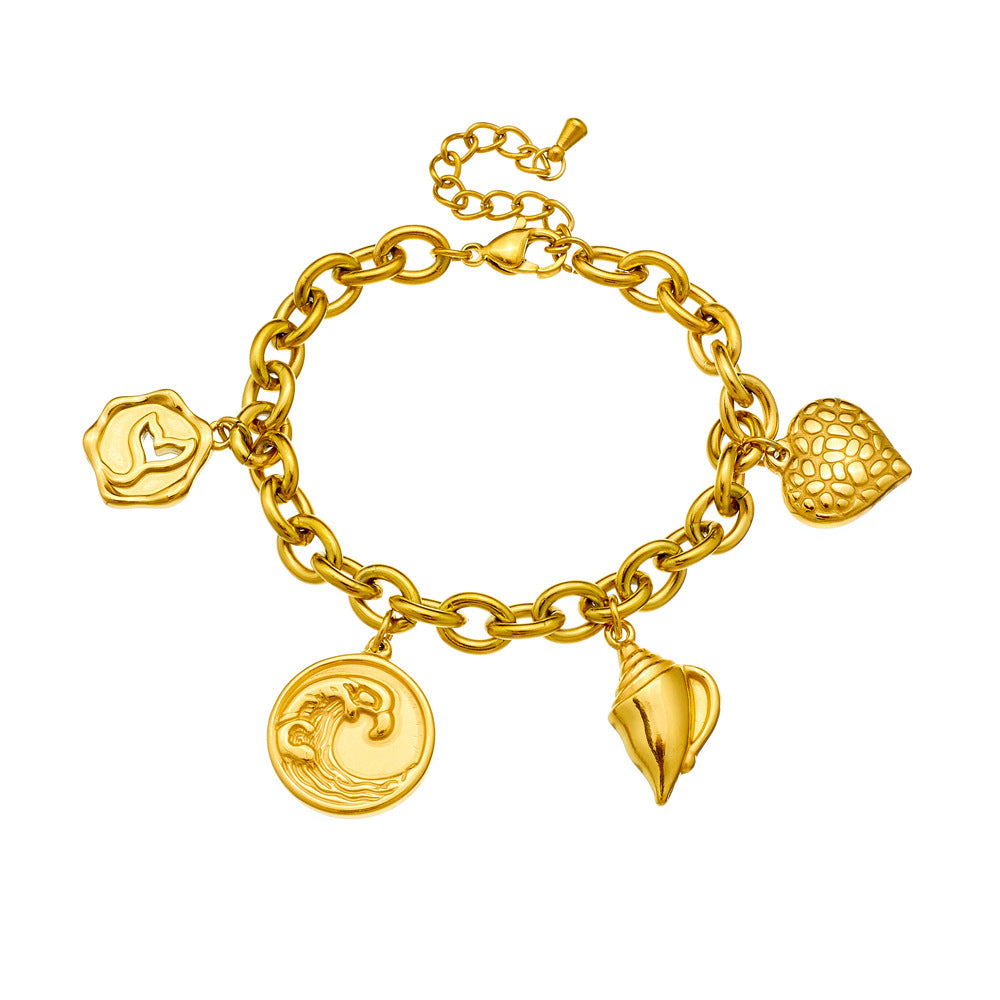 Vintage Fashion Stainless Steel Gold Plated Wave Conch Mermaid Tail Pendant Bracelet for Women