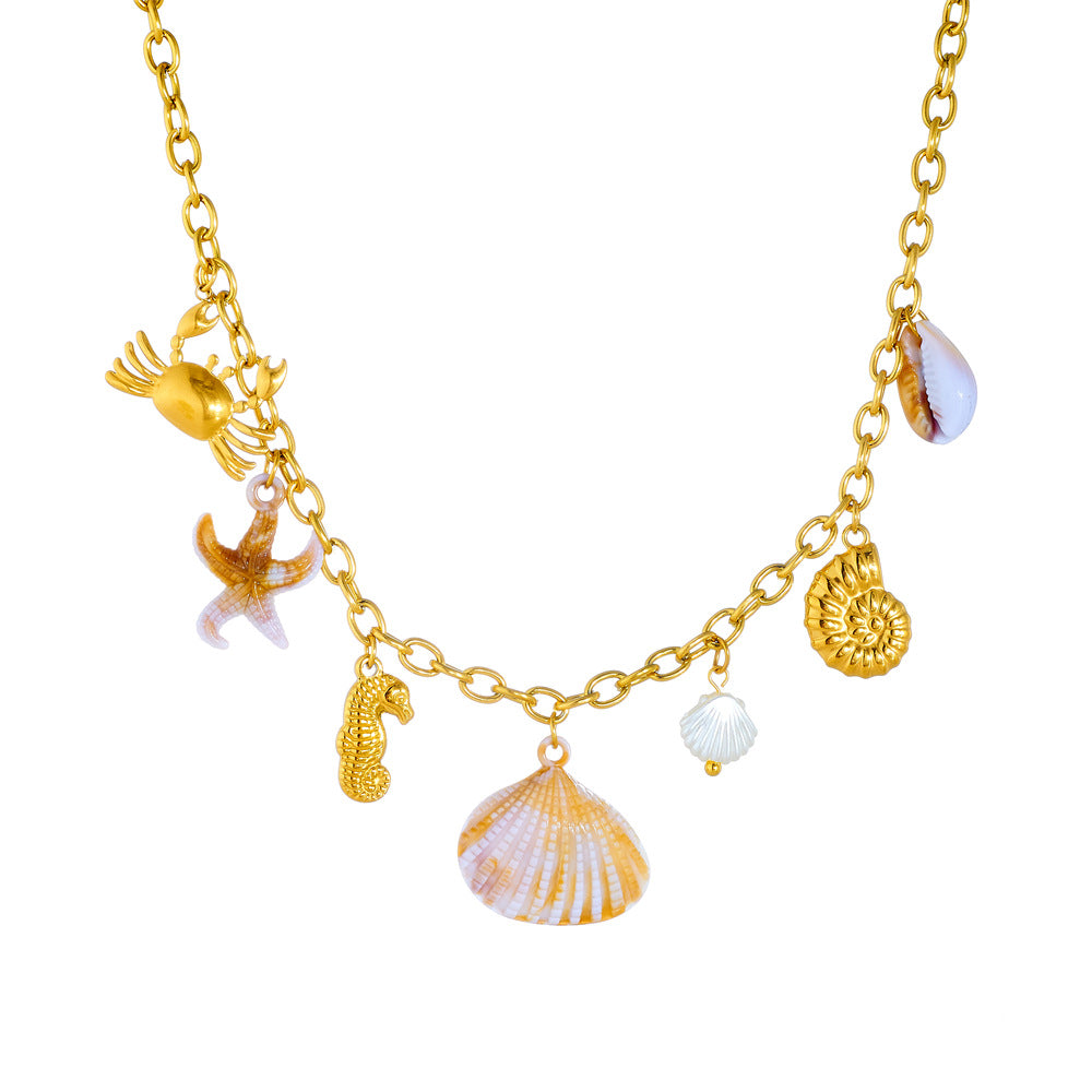 Personalized Ocean-Themed Pendant Necklace for Women with Gold-Plated Stainless Steel Conch Scallop Dolphin and Crab Charms on O-Chain