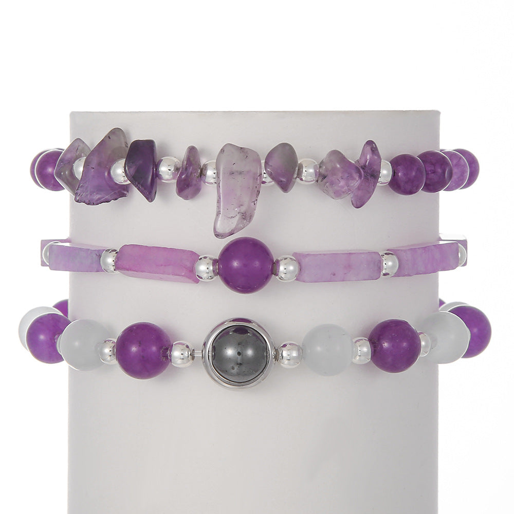 Geometric Amethyst Cat's Eye Stone Bracelet Set