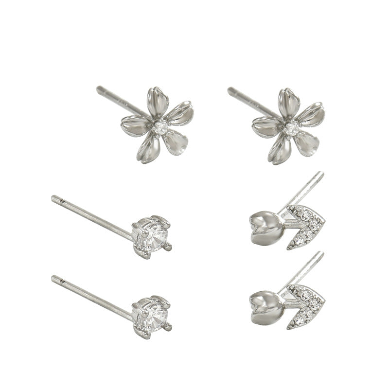 Pendientes de tuerca geométricos florales minimalistas para mujer con incrustaciones de circonita cúbica en base de cobre y postes de acero inoxidable