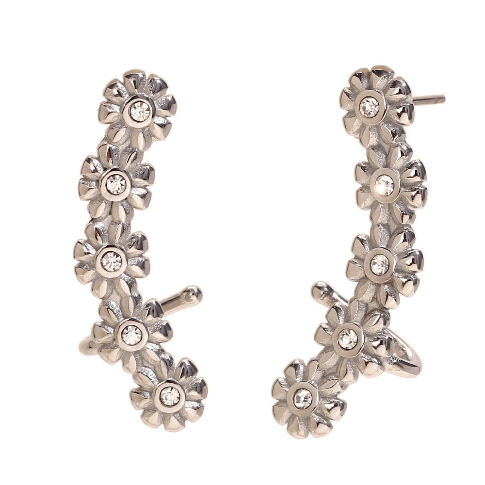 Vintage Floral Stainless Steel Ear Cuffs with 18K Gold Plating and Cubic Zirconia for Women