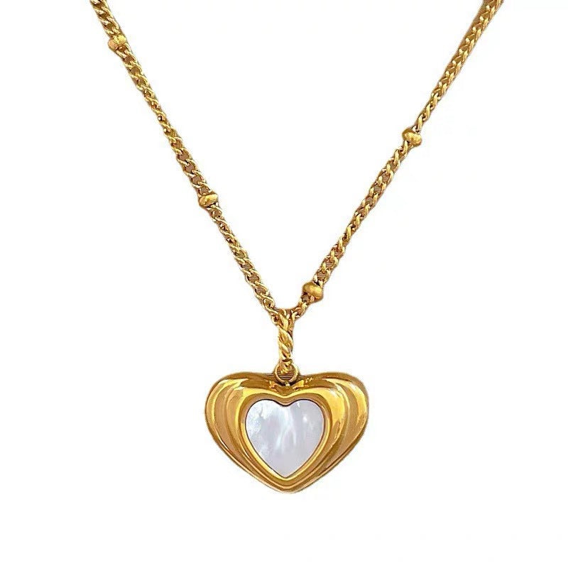 Minimalist Heart-Shaped Mother-of-Pearl Pendant Necklace in Titanium Steel with Plated Finish for Women and Men