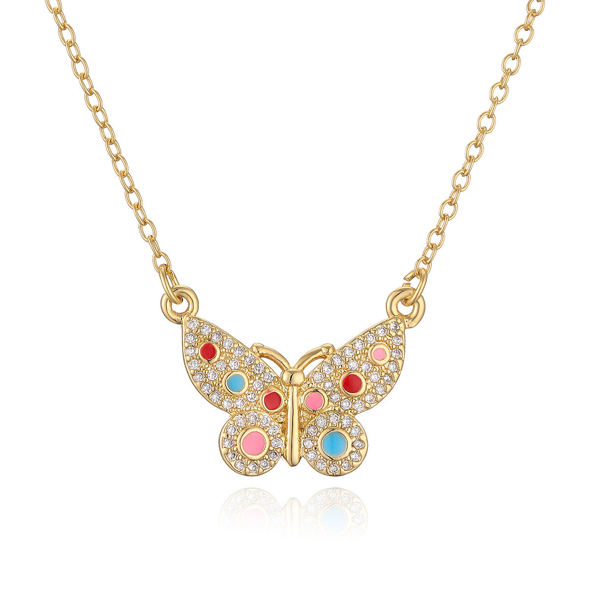 Collana Pendente Farfalla Minimalista da Donna con Base in Rame Placcata in Oro Vero e Intarsi di Zirconi e Perle