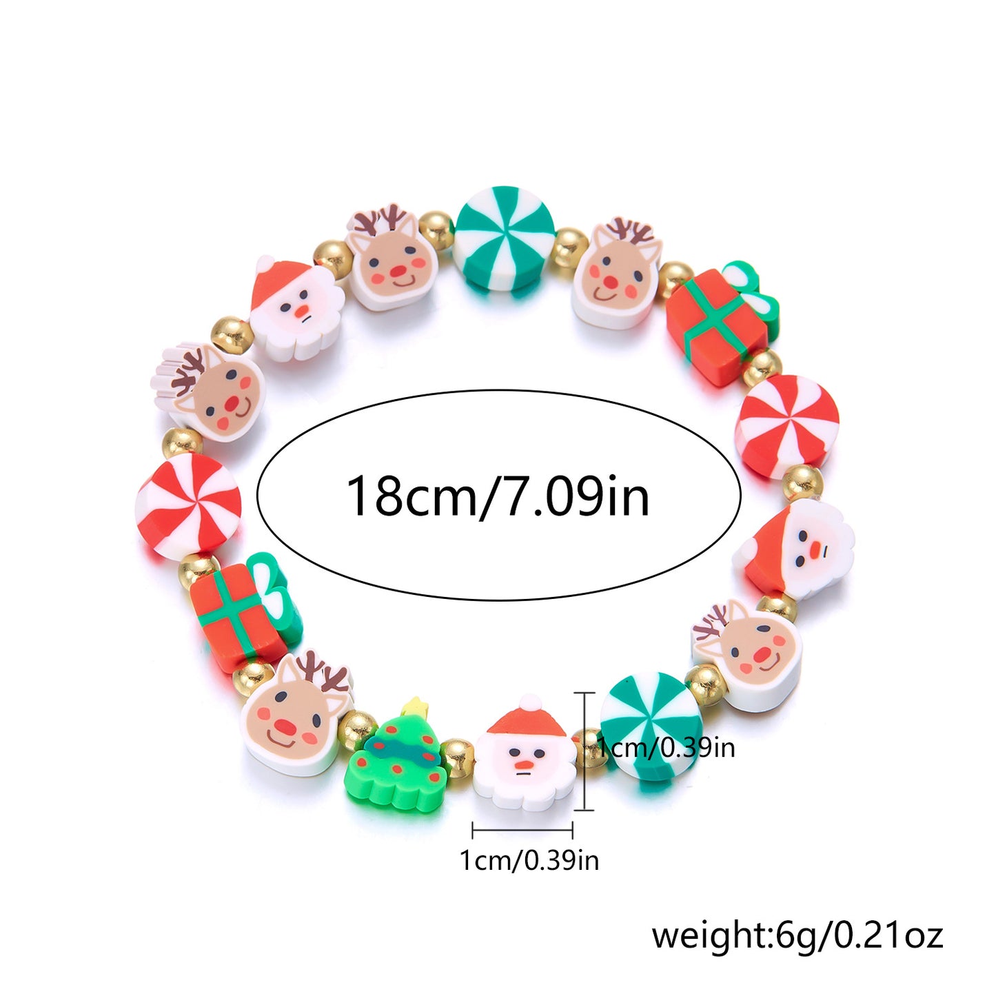 Pulsera navideña hecha a mano de arcilla polimérica para mujer con dijes de copo de nieve y Papá Noel. Joyería festiva para las fiestas.