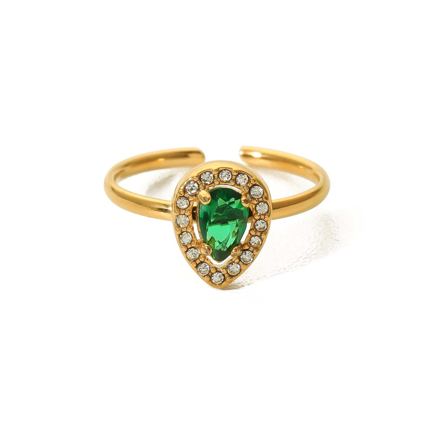 Ins Style Teardrop Shaped Stainless Steel Ring with Green Zircon Inlay and 18K Vacuum Plated Gold Finish