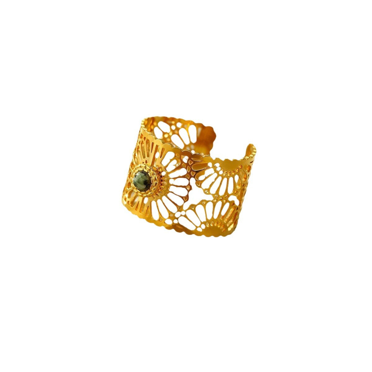 Anillo hueco minimalista geométrico de acero de titanio con incrustaciones de piedra natural y baño de oro de 18 quilates para mujer