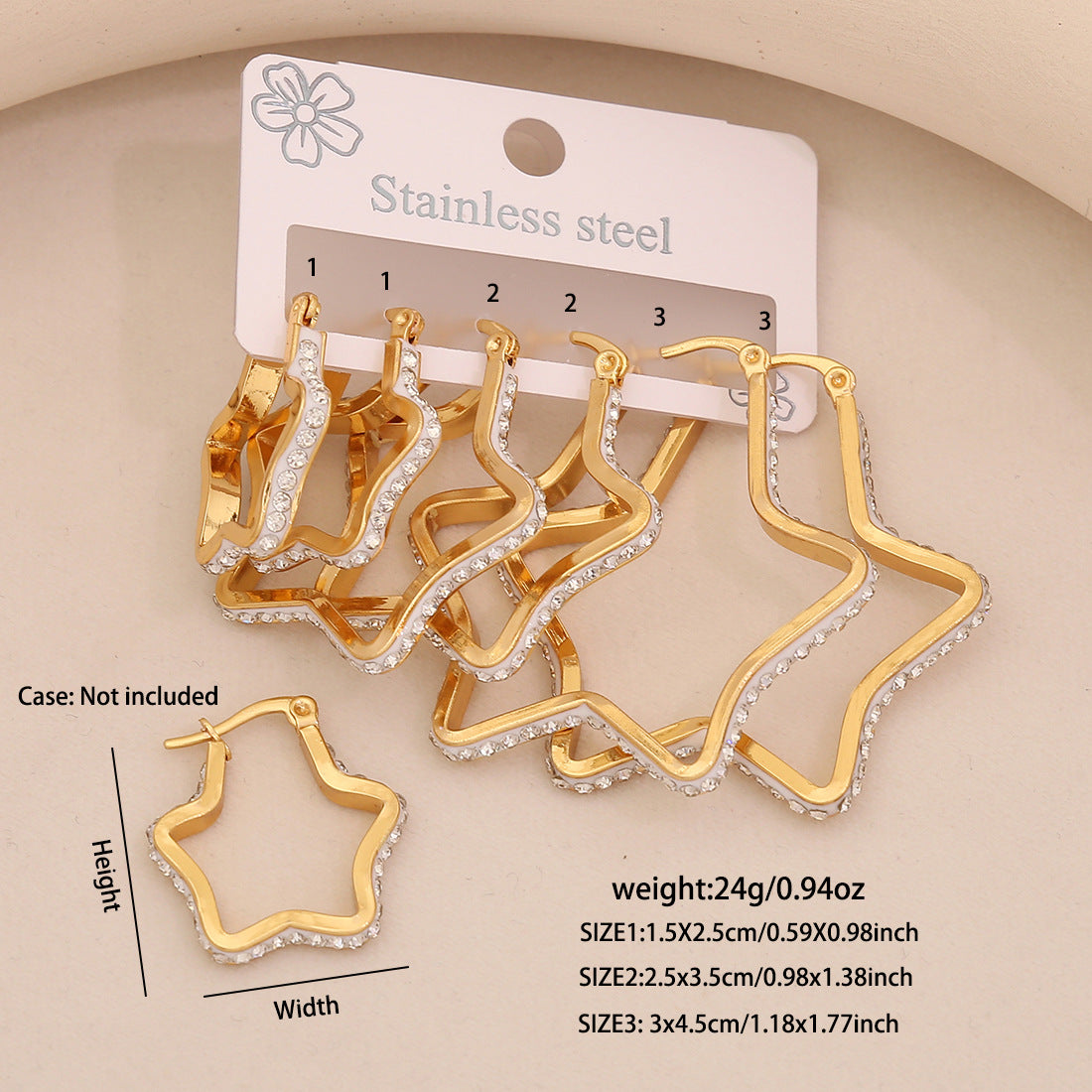 Orecchini a perno geometrici a forma di cuore alla moda in acciaio inossidabile con intarsio completo di strass