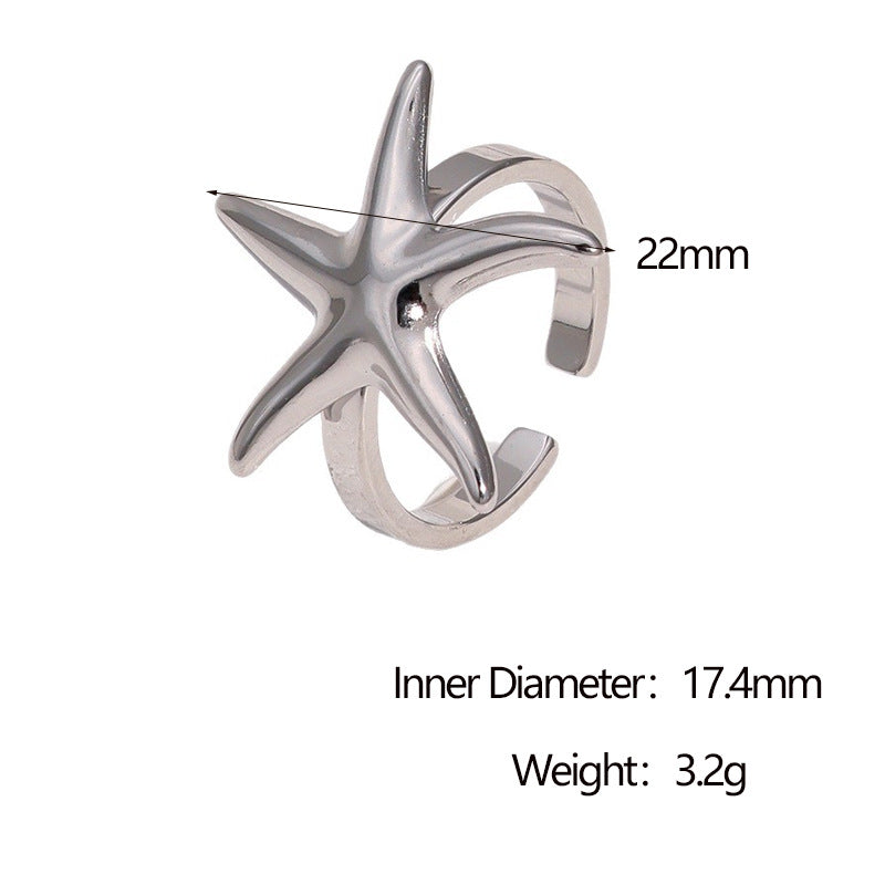 Minimalist 18K Gold Plated Stainless Steel Starfish Open Adjustable Ring for Women